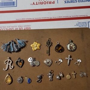 21 Ct Mixed Charm Pendant Lot - Assorted Silver & Gold Tones with Blue Tassels